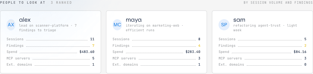 Per-engineer cards: sessions, findings, spend, MCP and domain reach